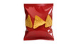 © Claudia - Crimson foil snack packet displaying three triangular tortilla chips perfectly arranged inside, isolated on transparent background for food advertising