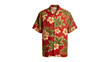 © Aline - Vibrant red Hawaiian shirt displaying tropical hibiscus flowers and lush green foliage, isolated on transparent background for apparel mockups