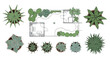 © BUSY ROOH - Landscape design plan with garden layout and potted plants, architectural floor plan with green succulents, top view vector set for landscaping isolated PNG with Transparent Background