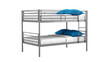 © Agata - Modern silver metal bunk bed with crisp gray linen sheets and two vibrant blue pillows, isolated on transparent background for interior design