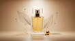 © Luxc - Editorial cosmetic photography of a modern glass perfume bottle filled with soft golden liquid, luxurious fantasy fragrance concept, subtle gold elements placed around the bottle, beige background