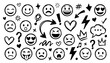 © Creative Lab - Hand drawn doodle emojis, reactions, and expressive symbols set, fun sketchy ink pen elements, playful vector collection, isolated on white background