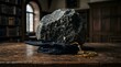 © SubaDesigns - Large heavy rock crushing a black graduation cap with a gold 2024 tassel on a wooden table in a library setting, representing the burden of student debt and academic pressure