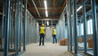 © Vadym - Metal framework inside building under construction. Two workers in yellow vests, hard hats operate in background. Cardboard boxes sit on concrete floor. New interior space unfinished. Future office.
