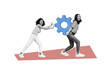 © deagreez - Creative collage picture young two firls cogwheel carry support cooperation teamwork together effort drawing background