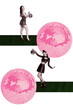 © deagreez - Vertical sketch 3d artwork collage poster of two happy girls dance disco ball occasion weekend relax party vintage chill
