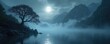 © Vadym - Misty mountain lake scene under full moon. Bare tree on rocky shore. Fog rolls over water and hills. Serene night landscape with dark silhouette. Peaceful atmosphere.