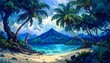 © Lefanya - A breathtaking and vibrant tropical beach landscape featuring lush palm trees framing a serene turquoise ocean, leading to distant majestic mountains under a clear blue sky, evoking a profound