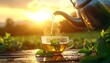 © Ubay.d25 - Morning tea ritual. Pouring fresh herbal tea into a cup with bright sun rays in a serene outdoor setting for a healthy and calm start to the day.