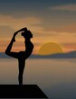 © nuisk17 - Generated AI: Silhouette of woman practicing yoga Lord of the Dance pose at sunset by the lake.