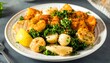 © wes - Plate of seasoned seafood and potatoes with kale