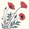 © MST RAMIJA - A minimalist botanical illustration features vibrant red poppies and delicate green foliage against a soft neutral background high quality professional