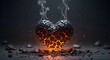 © designhunt - Broken glowing heart made of cracked volcanic rock and lava. Emotional pain and heartbreak concept. Dark stone heart smoldering with orange fire and smoke on a gritty ground