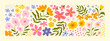 © Dedraw Studio - Colorful vintage flower garden art illustration set. Retro nature floral graphic collection in hand drawn style. Spring season decoration bundle, natural bouquet drawing.