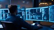 © LIPO@SEXTAO22 - Focused IT professional monitors complex datacode on multiple blue curved screens from over-the-shoulder in a dark high-tech control room., Software, Security