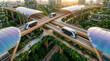 © Dezayn - Futuristic Monorail Trains Cross Elevated Tracks in a Lush Urban Jungle Cityscape