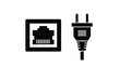 © PNG Pix - Pair of black icons representing a local area network ethernet port and a standard two-prong electrical power plug with a cable.