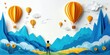 © antishock - Papercraft landscape features mountains, balloons, person viewing scene. Bright colors, whimsical style, peaceful composition.