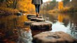 © Johannes - person crossing stepping stones with blured nature background