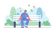 © Hamza - relaxed doctor, sitting on bench, blue uniform, park scenery, flat illustration