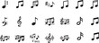 © RAIHANUL - A collection of black music notes and symbols on a white background.