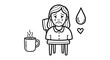 © Lua - A sad woman with tears, sitting heartbroken, with a tear drop, a small heart, and a hot coffee mug.