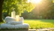 © miss irine - Cosmetic bottles and soft white towels sit on ground in sunny green park. Products for relaxation and skincare await use. Natural light creates peaceful atmosphere.