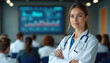 © miss irine - Woman doctor in lab coat with stethoscope stands with crossed arms. Medical staff listens to speaker at conference. Health care data displays on screen.