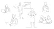 © Imsuniyah - Business women in line art style, presenting, working on laptops, meeting