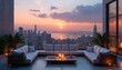 © Maryna - Luxury penthouse terrace offers panoramic city view at sunset. Modern outdoor lounge furniture with comfortable sofas and coffee table. Cityscape skyline with illuminated skyscrapers and river.