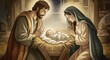 © tu - Artistic watercolor digital painting of the Nativity scene featuring Joseph Mary and baby Jesus inside a rustic Bethlehem manger with divine golden light and serene soft brushstrokes artwork.