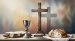 © tu - Spiritual Watercolor Painting of a Religious Altar Featuring a Wooden Cross with Holy Communion Bread and Wine Chalice against a Soft Ethereal Background for Christian Faith and Devotion