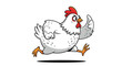 © Zia - Energetic cartoon white chicken character running quickly with a determined expression on its face against a white background.