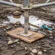 © Sucep - Metal scaffolding pole base on wooden platform in muddy construction site