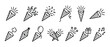 © Mr. Stocker - Collection of black outline party popper icons, some exploding with confetti, streamers, and stars, in a clean, graphic style