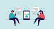 © Md - Young man and woman sitting and communicating with each other through messaging apps on their modern smartphones in a digital age.
