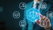 © Alex - Businessman interacting with digital legal icons including scales of justice gavel bank handshake books and profile on futuristic interface