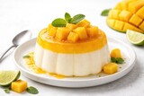 Tasty Italian panna cotta dessert topped with mango jelly and fresh mango slices on a white backdrop with copy space