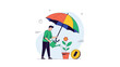© Siam - Man holding an umbrella over himself while watering a single flower in a pot with a gold coin nearby in a growth concept.