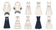 © Akmol - Fashion design sketches showing a variety of women's dresses and ponchos in cream and dark blue colors for spring fashion.