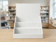 © Umair - White Cardboard Counter Display Unit Mockup on Wooden Table in Retail Store Background