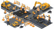© Alfin - Construction workers repairing road with heavy machinery.