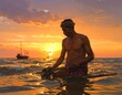 © Noori - A man kneels in shallow water at sunset