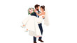 © Illustrate Hub - Romantic groom carrying his bride in his arms while she holds a beautiful flower bouquet after their wedding ceremony and celebration.
