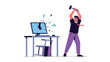 © Illustrate Hub - Stressed businessman wearing a purple suit smashing his computer monitor with a heavy hammer due to technical frustration and work pressure.