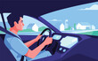 © Bockthier - Man driving car through suburban neighborhood streets on sunny day
