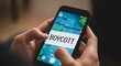 © Uhhuyyyy - Individuals engage in digital activism, holding a smartphone displaying a prominent 'BOYCOTT' message on its screen
