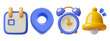 © Anastasiia - Calendar, alarm clock, blue location pin and bell 3d icons set. Business management elements collection. Realistic vector illustrations on white background.