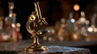 © vatcharaporn - Vintage brass microscope on rustic wooden table, warm light, antique scientific instrument