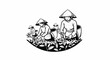 © frontal - Farmers in conical hats harvest tea leaves from lush plants, a scene of rural labor